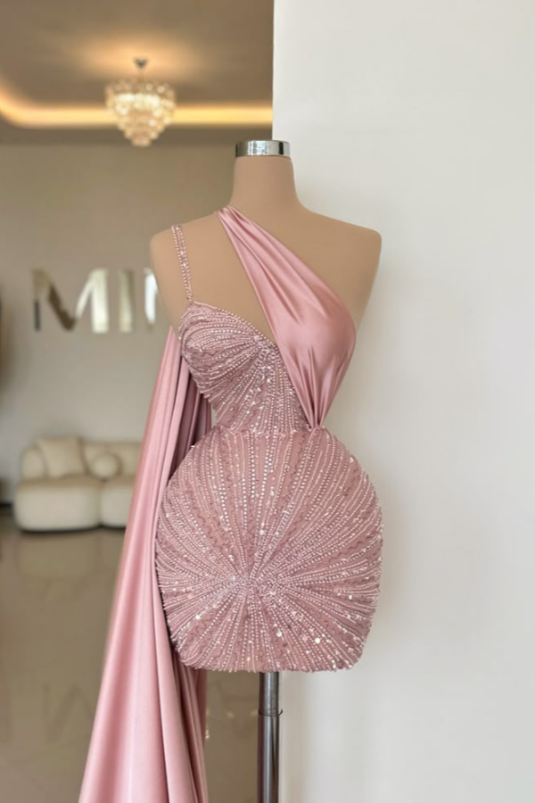 Miabel Chic Pink Sleeveless One Shoulder Short Homecoming Dress with Beading 