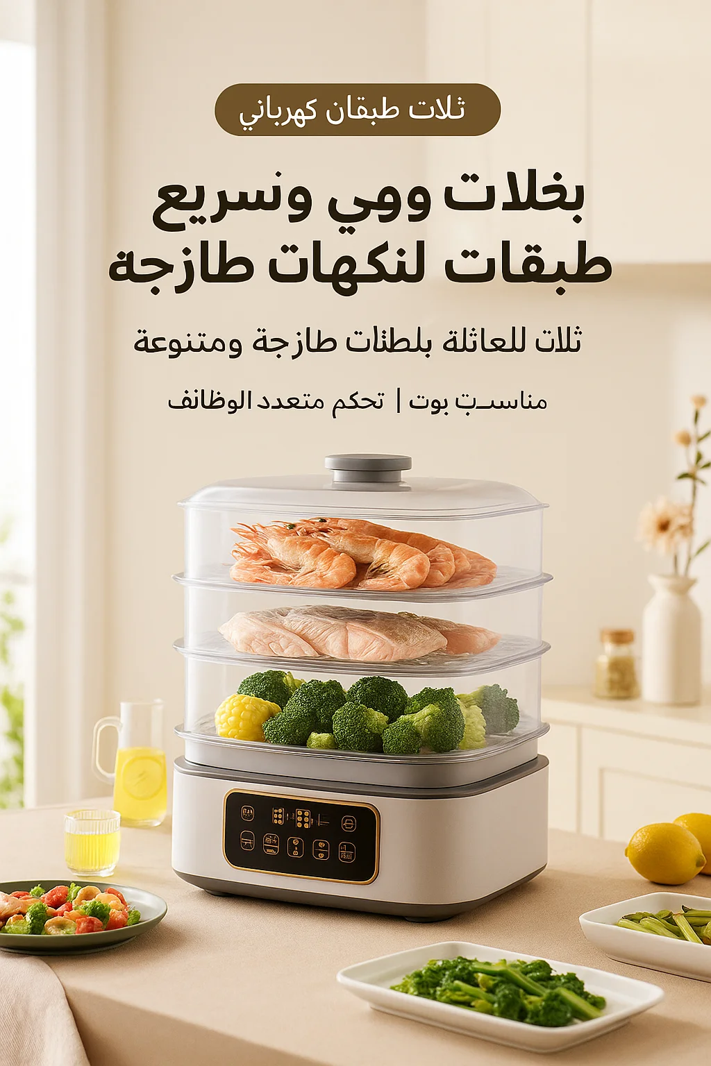 قدر بخار كهربائي منزلي متعدد الوظائف بثلاث طبقات، أوتوماتيكي بالكامل، مع الحفاظ على الحرارة والتوقيت.