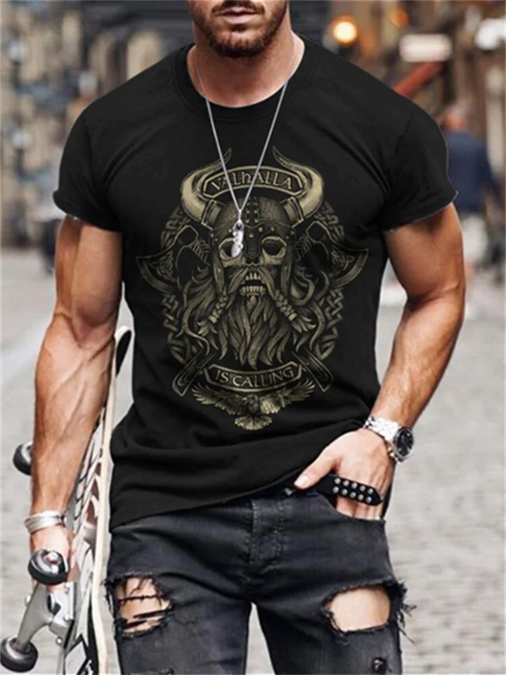Summer New Men's Slim Viking Mythology Printed Round Neck Casual Sports 3D T-shirt