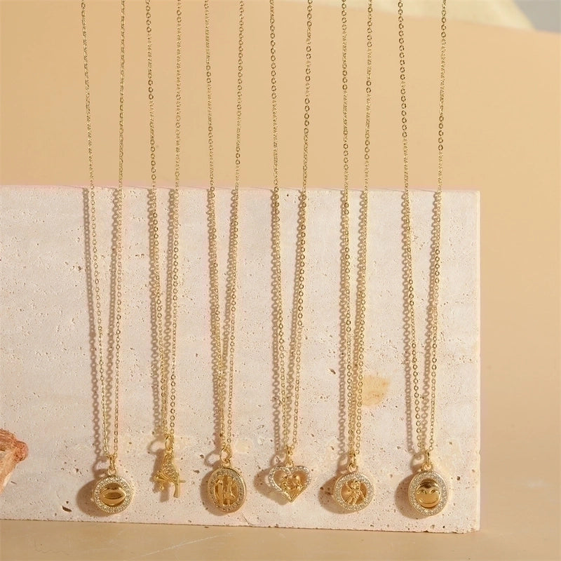 Copper 14K Gold Plated Vintage Style Minimalist Lips Heart Shape Bird Hollow Out Inlay Zircon Pendant Necklace