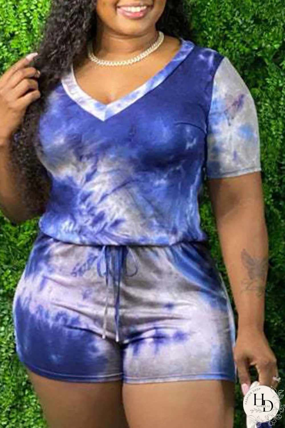 Blue Plus Size Fashion Sexy Casual Tie Dye Frenulum O Neck Plus Size Jumpsuits