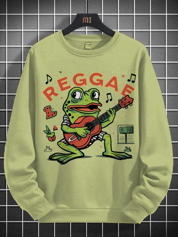 100% Cotton Men's Reggae Frog Playing Guitar Print T-Shirt Thin Sweatshirt