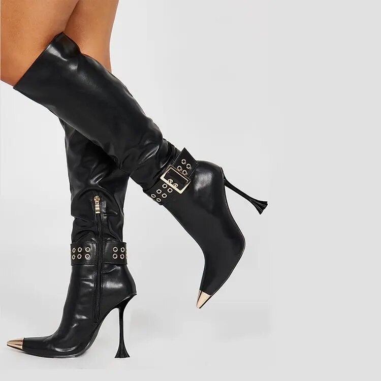 TAAFO Women's Pointed Toe Stiletto Heels Vintage Zipper Up Knee High Boots Ladies Shoes