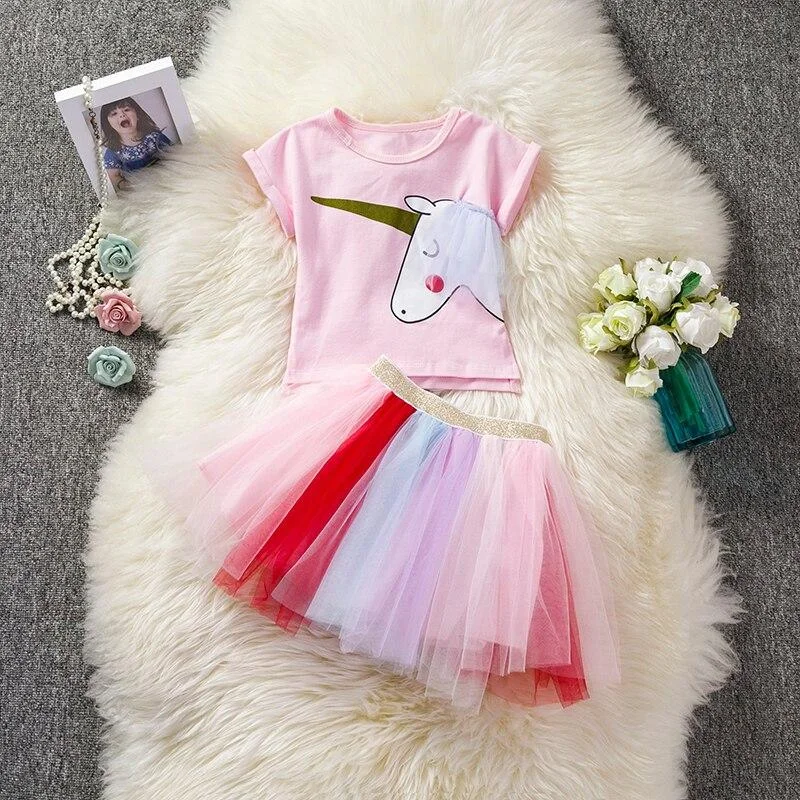 2021 New Summer Girls Unicorn Clothes Sets 2PCS Short Sleeve Cartoon Print T Shirts + Fluffy Tutu Skirts Unicornio Girl Clothing