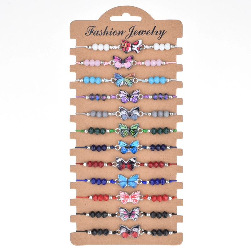 Amazon Hot Sale Multicolor Alloy Butterfly Crystal Beaded Bracelet Fashion Women Temperament Woven Bracelet Set