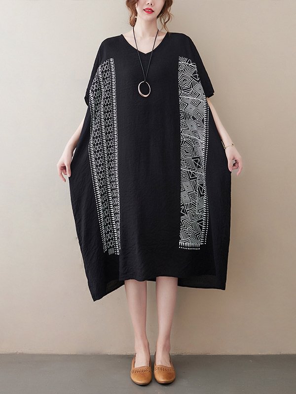 National Printed Batwing Sleeves Round-Neck Loose Midi Dress