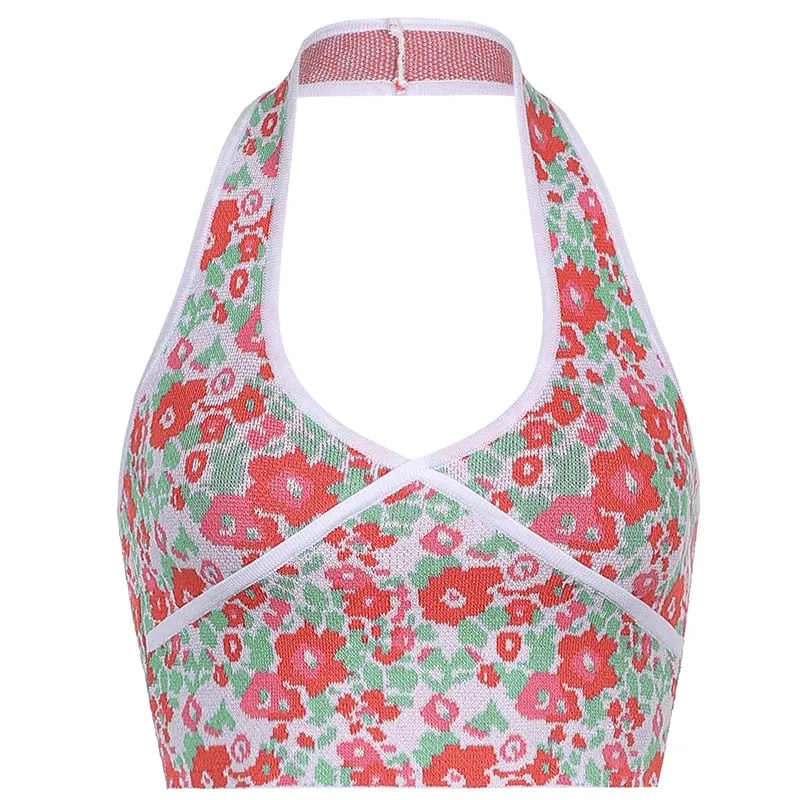 HEYounGIRL V Neck Sleeveless Knitted Crop Top Women Backless Halter Tanks Camis Top Summer Fashion Floral Print Camisole 90s