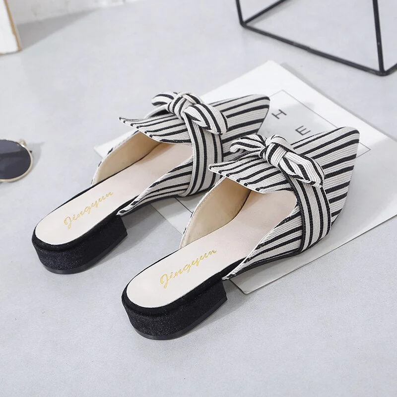 2021 New Women Slippers Muller Shoes Striped Bow Design College Style Female Foot Office Gentlewoman Casual Slippers Women Shoes