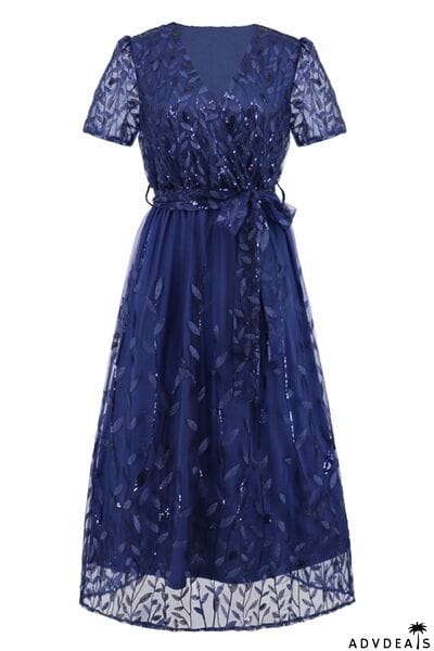 Sequin Leaf Embroidery Tie Front Short Sleeve Dress