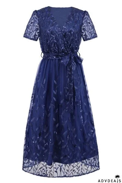 Sequin Leaf Embroidery Tie Front Short Sleeve Dress