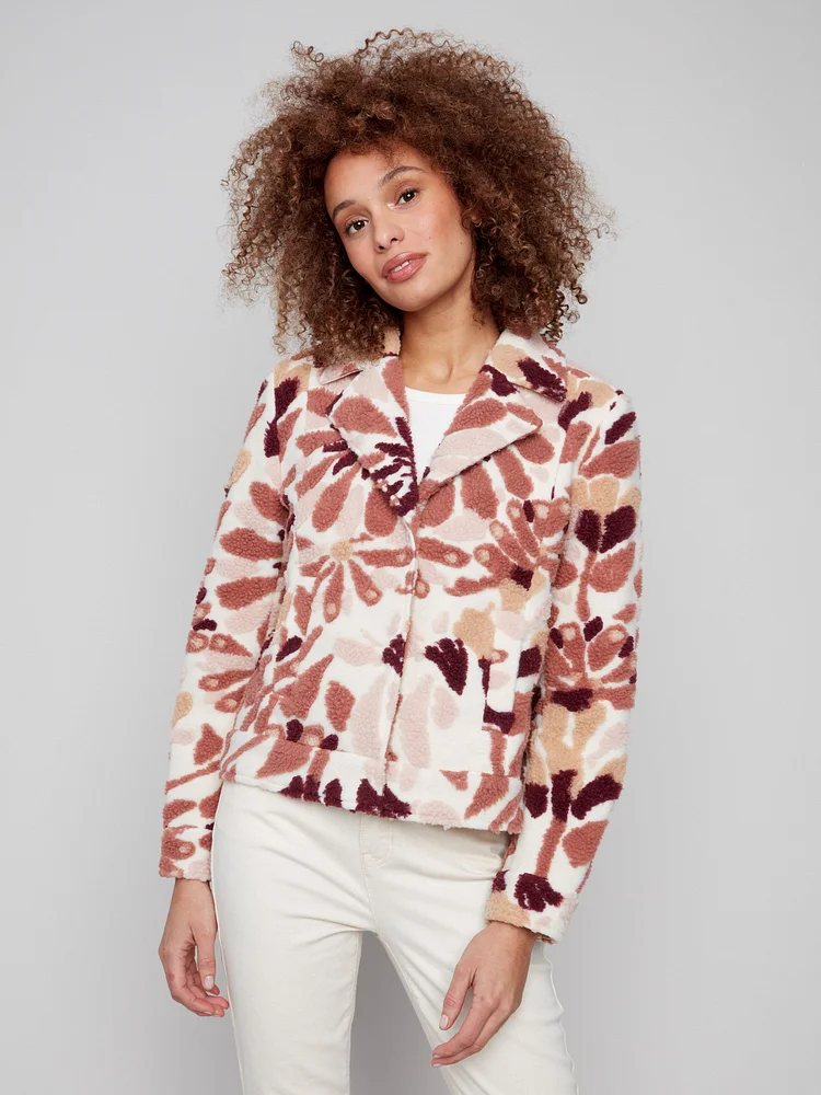 Floral Sherpa Fleece Short Coat - Cabernet
