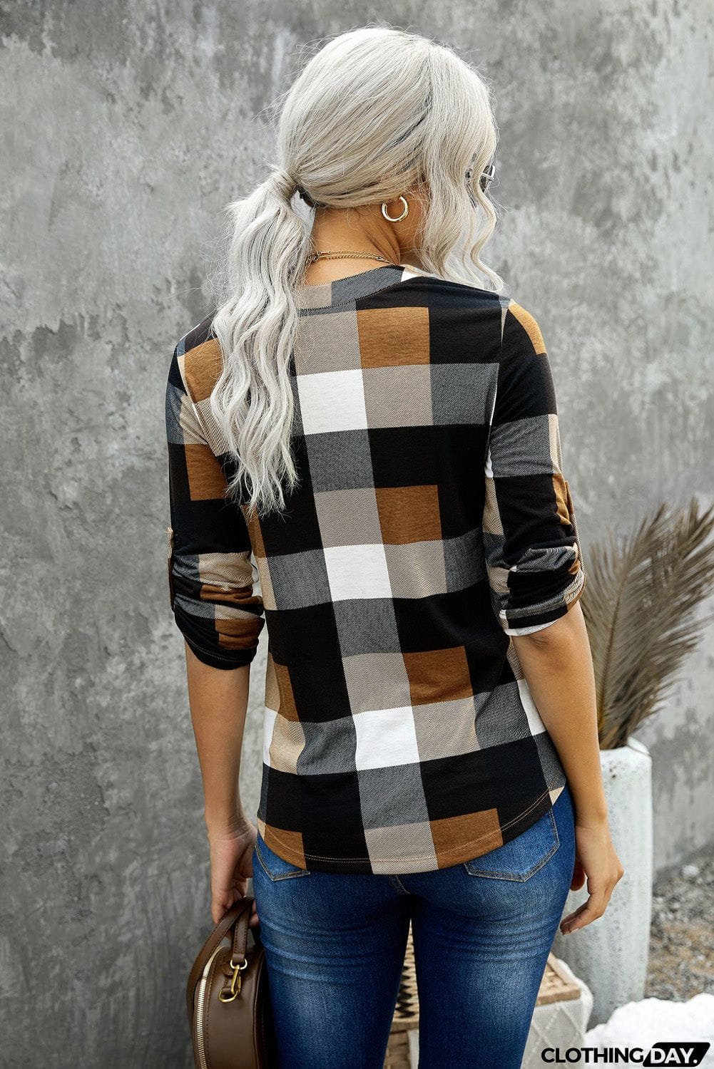 Contrast Plaid V Neck Long Sleeve Top