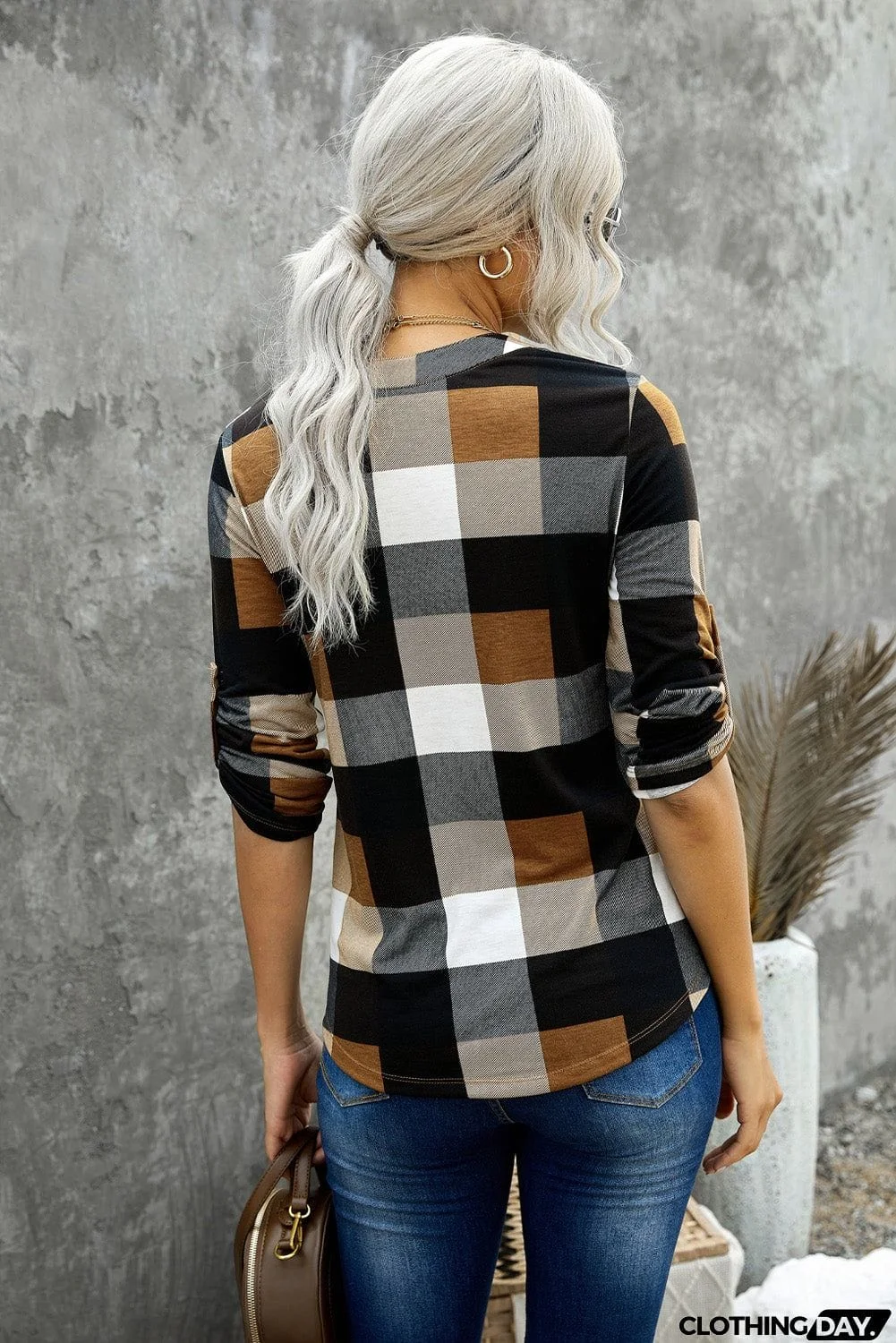 Contrast Plaid V Neck Long Sleeve Top