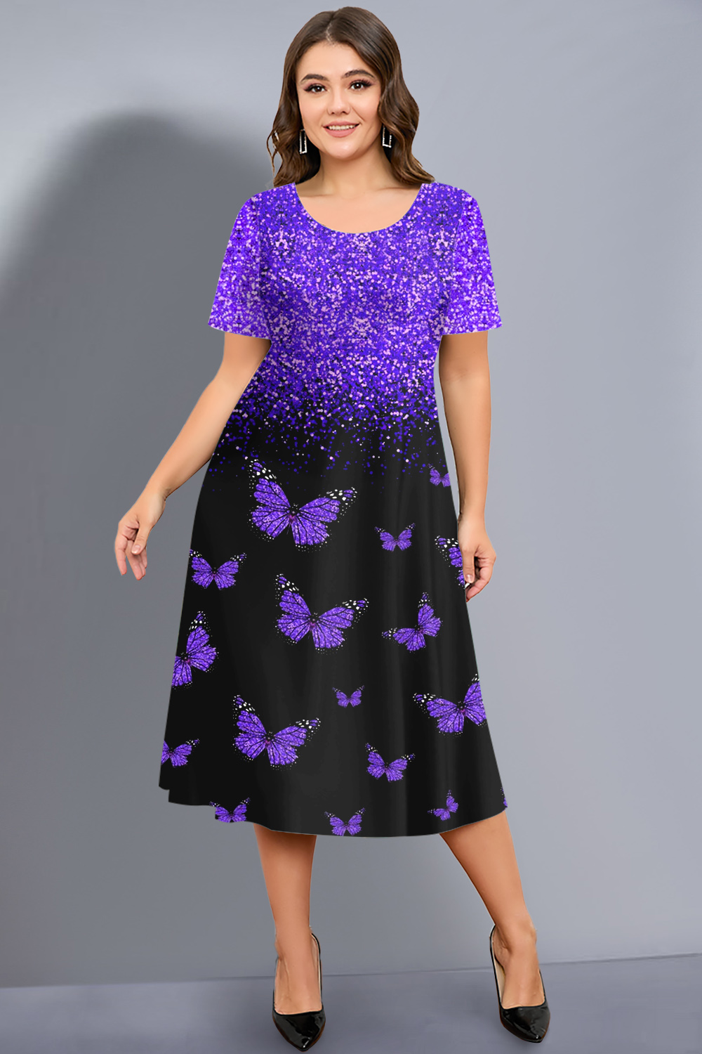 Flycurvy Plus Size Halloween Purple Gradient Sparkly Butterfly Print Tea-Length Dress