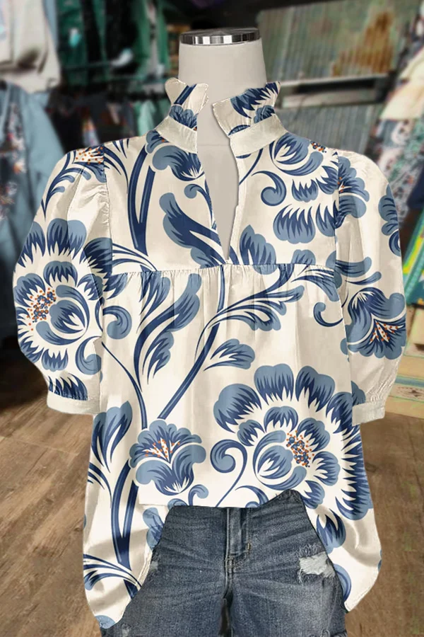 Retro Floral Print Ruffle Neck Top