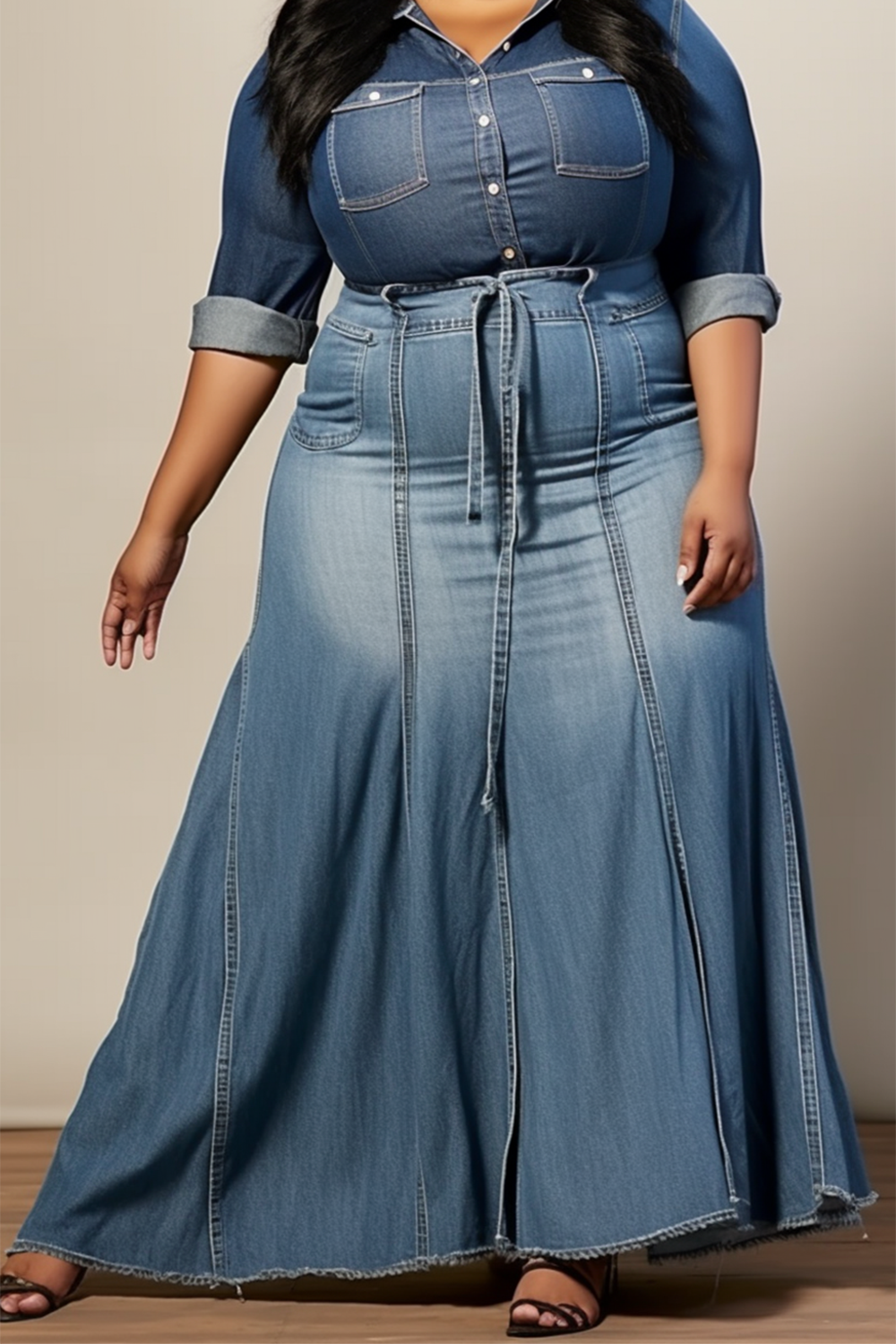 Design Plus Size Daily Blue Lace Up Tencel Denim Maxi Skirts [Pre-Order]