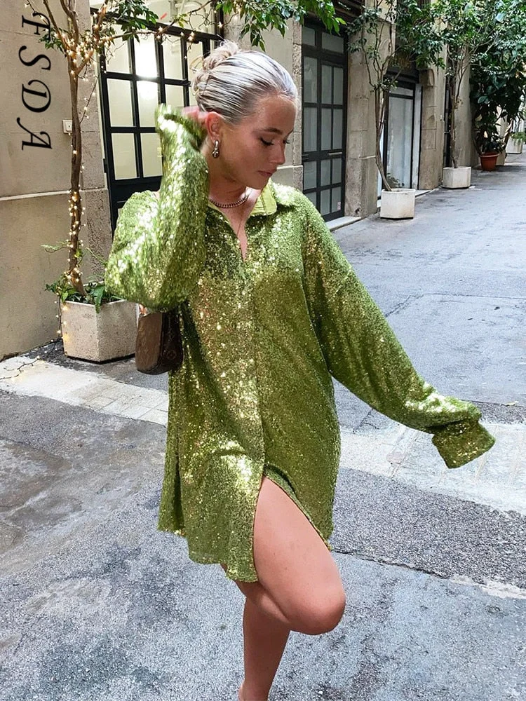 Mini V Neck Green Sequins Party Dresses Shitrs Long Sleeve 2022 Autumn Winter Loose Pink Y2K Women Dress Sexy Club Glitter