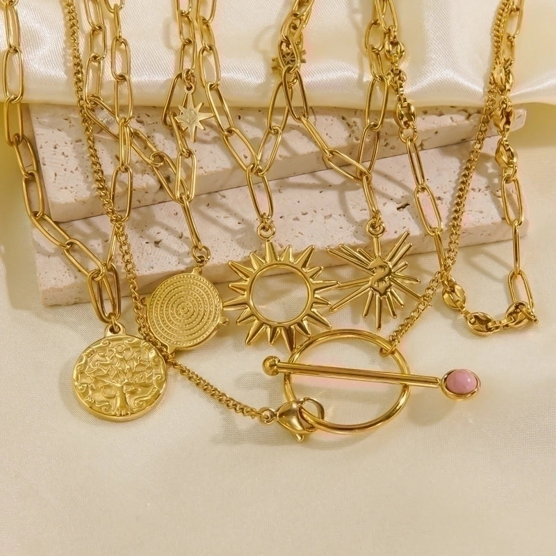 2 Pairs 304 Stainless Steel 14K Gold Plated Hip-Hop British Style Plating Inlay Sun Tree Dollar Natural Stone Pendant Necklace