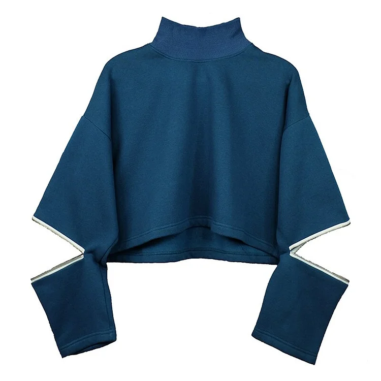 Urban Loose Solid Color Turtleneck Long Sleeve Splicing Zipper Sweatshirt 