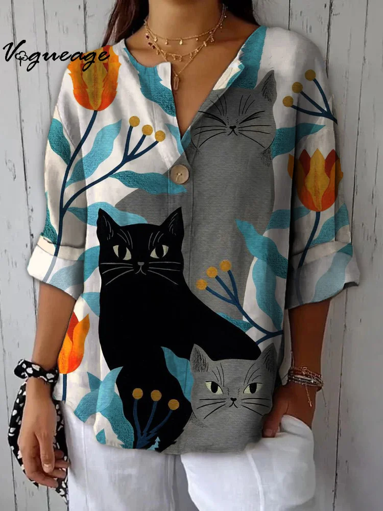 Elegant Plants And Cute Cats Printed Cotton And Linen Shirt