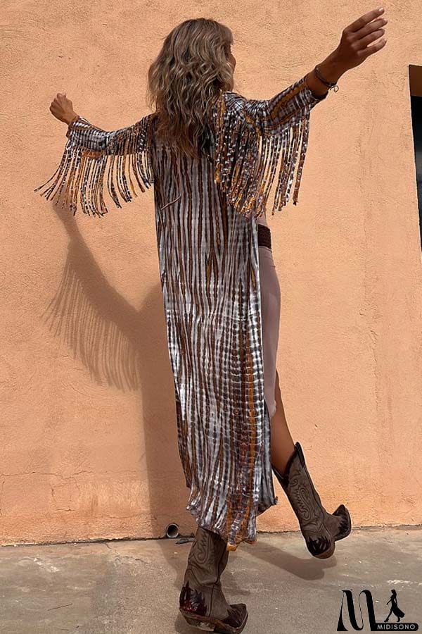 MidiSono - Evaluna Tie-dye Print Tassel Sleeve Midi Cover-up