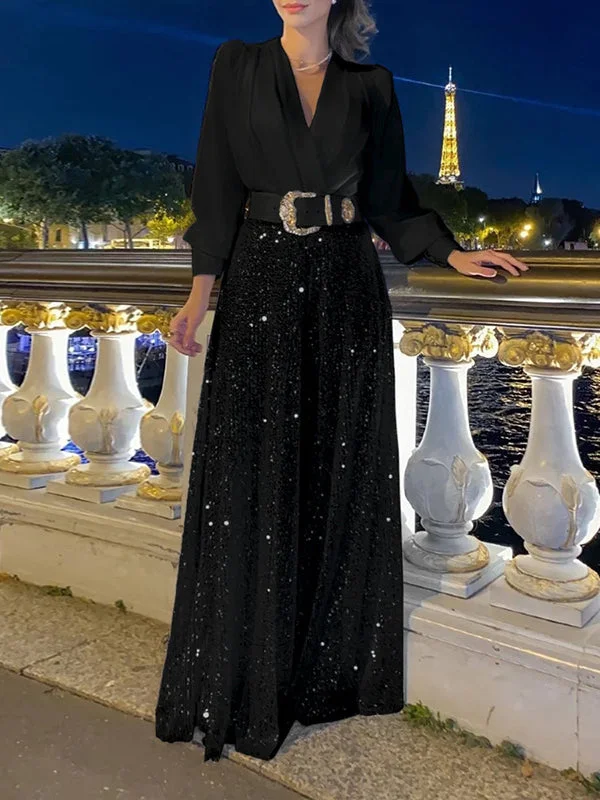 Women's Long Sleeve V-neck Sequins Jumpsuit