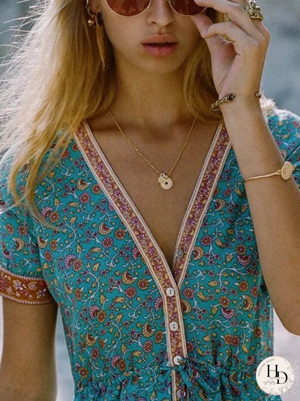 Short Sleeve Boho Print V-neck Calf-length Dress P14762