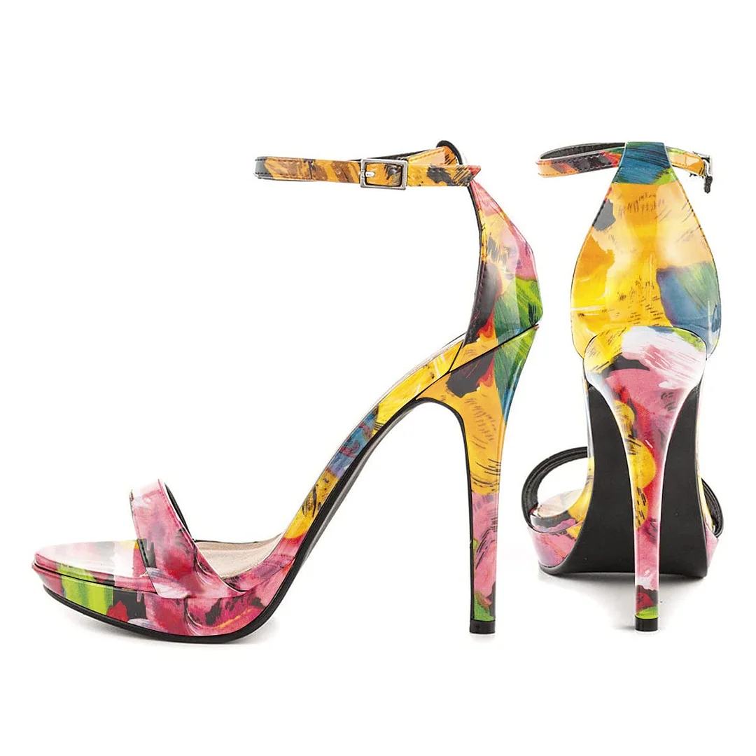 Ankle Strap Multicolor Floral Print Open Toe Stiletto Heeled Sandals