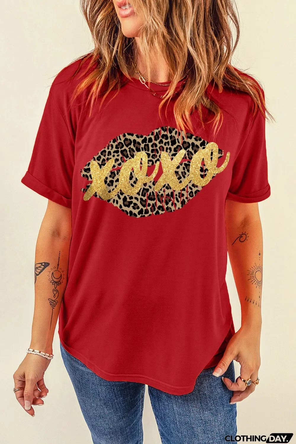 Red XOXO Leopard Lips Glitter Graphic Tee