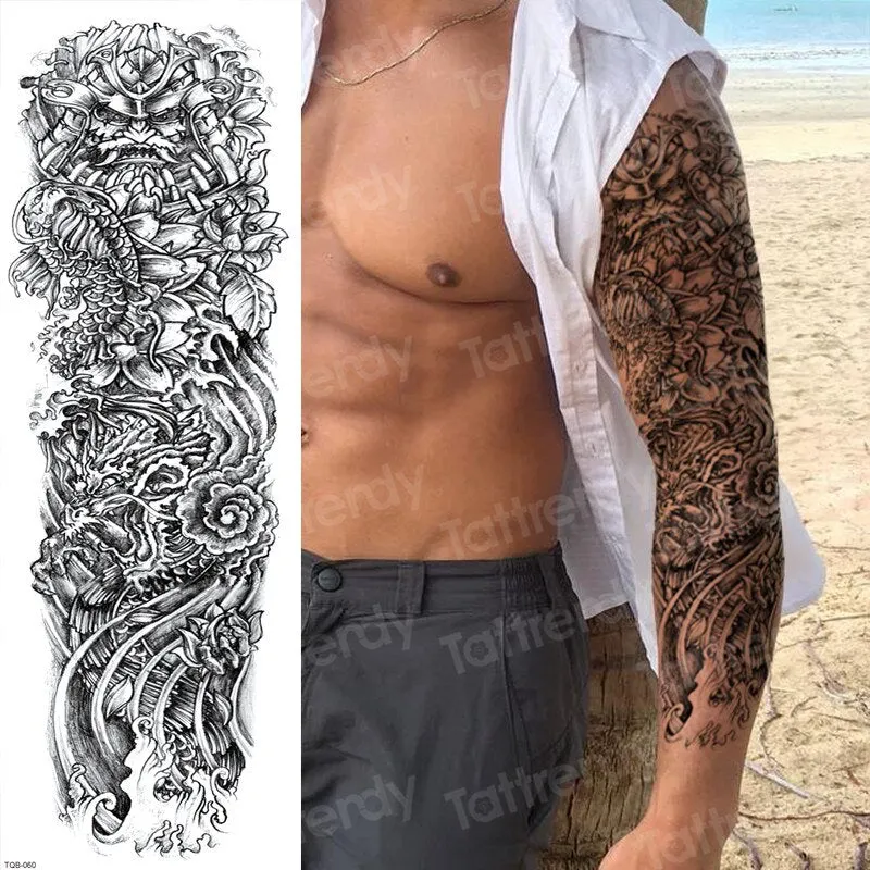 temporary tatoo men large waterproof temporary arm sleeve tattoo black robot mechanical tattoos tribal lion head king fox design