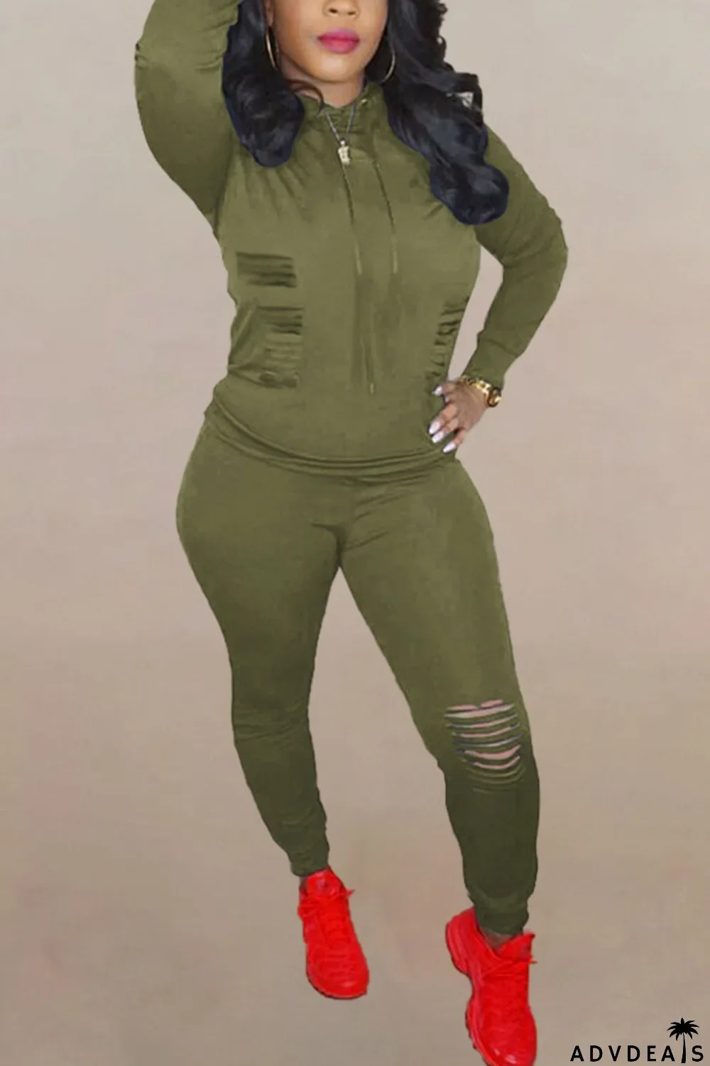 Brown Fashion Solid Ripped Hooded Collar Long Sleeve Two Pieces