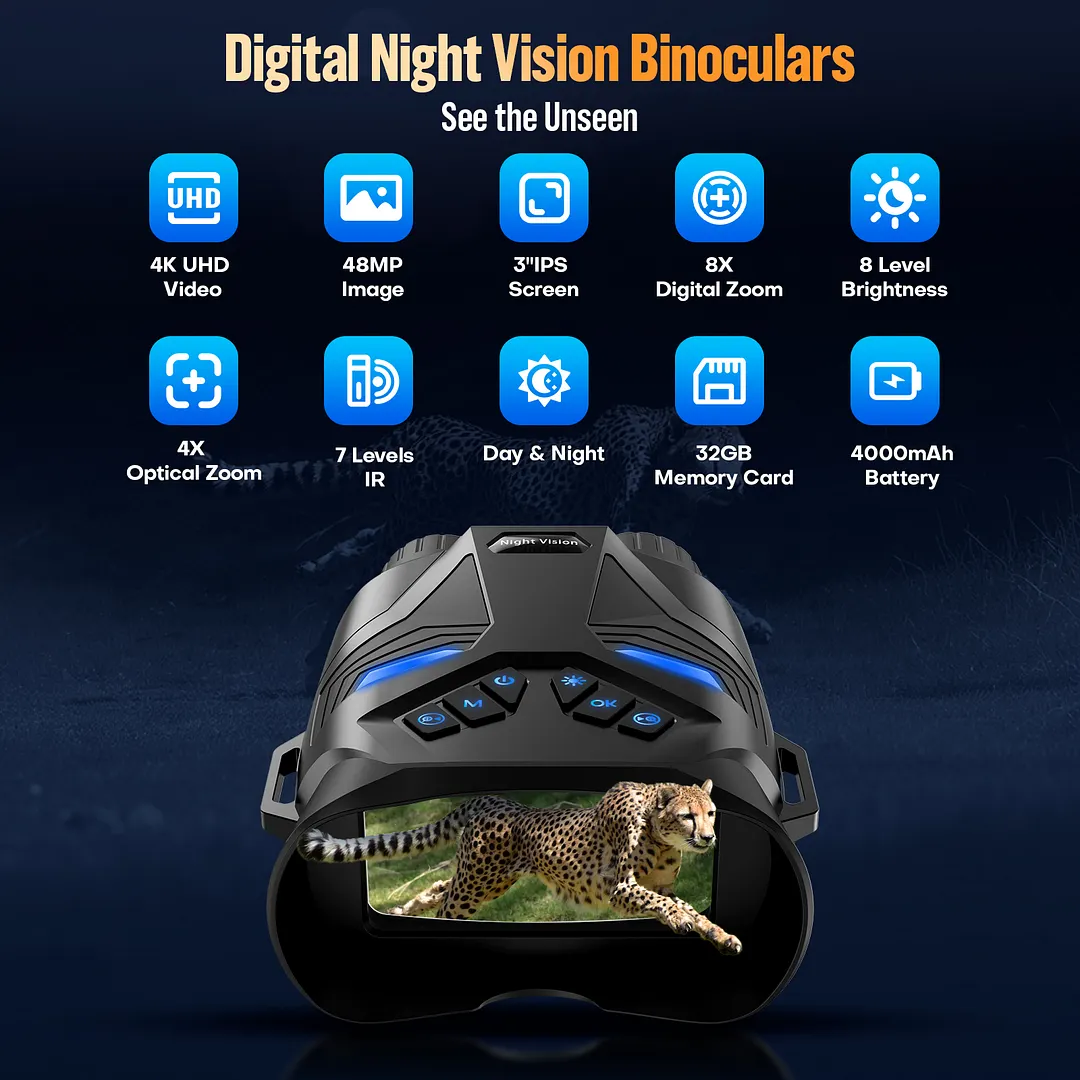 BEBANG 8X Night Vision Binoculars, 4K Infrared Night Vision Goggles with 3" IPS Screen, 984ft/300mm Night Vision and Day Range, 4000mAh Rechargeable Battery, 32GB