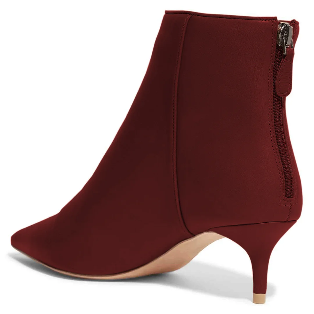 Maroon Vegan Leather Kitten Heel Back-Zip Closure Ankle Boots