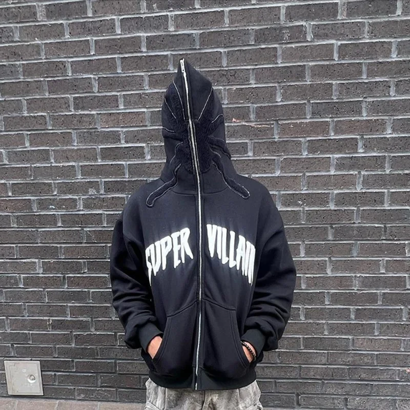 Y2k Zip Up Hoodie Hip Hop Streetwear Oversized Hoodie Spider Web Printed Gothic Jacket