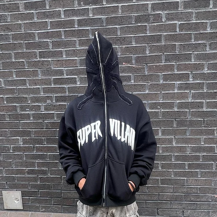 Y2k Zip Up Hoodie Hip Hop Streetwear Oversized Hoodie Spider Web Printed Gothic Jacket at Hiphopee