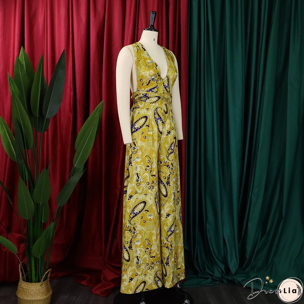 Plus Size Women African Print Halter Neck Beach Jumpsuit