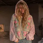 Women's Pink Rose Embroidered Denim Patchwork Hooded Sweatshirt - Image 2
