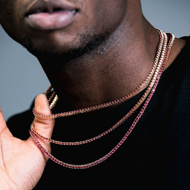 3MM Ruby Pink Cubic Zirconia Tennis Chain Hip Hop Iced Out Men Necklace