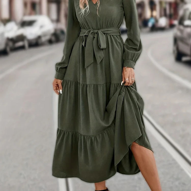 Tiered Maxi Dress, Casual V Neck Long Sleeve Solid Dress, Women's Clothing