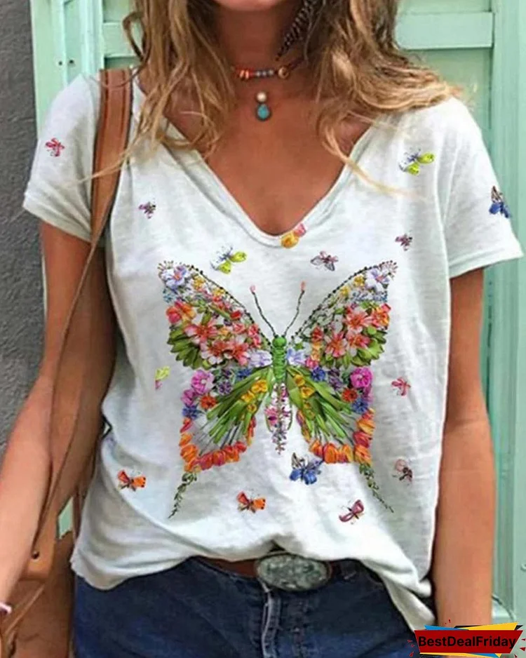 Floral Butterfly Short Sleeve V Neck Casual T shirt P4608083672