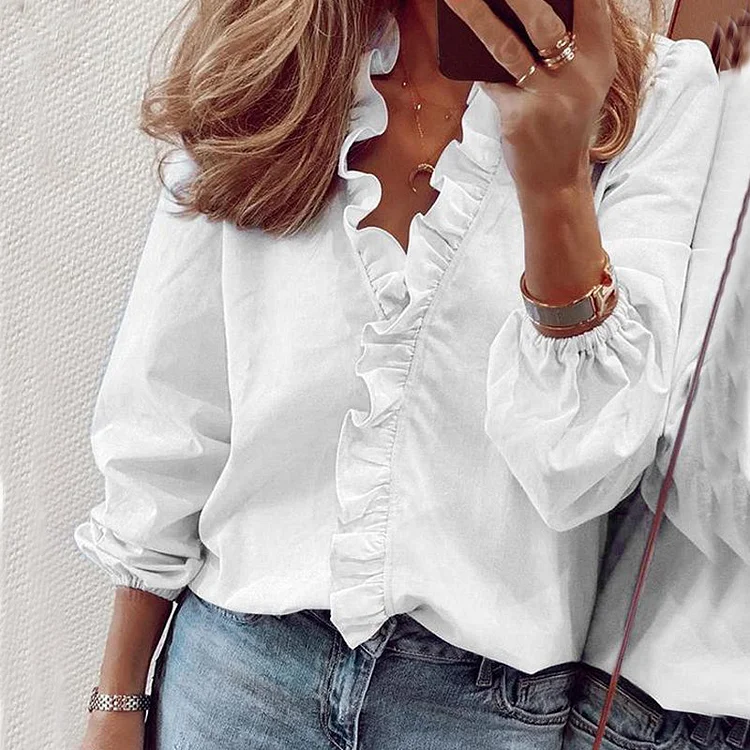 VChics Casual Solid Color Ruffled Long Sleeve Blouse