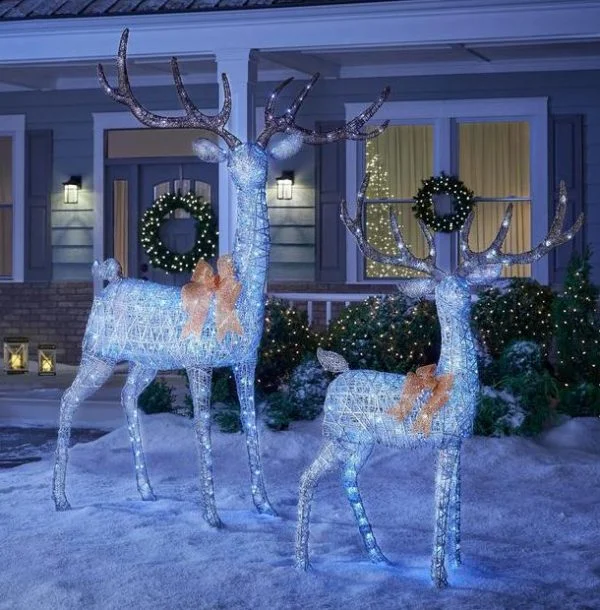 🔥kukelife🔥Christmas-65 in cool white 200 light led silver deer with gold bow