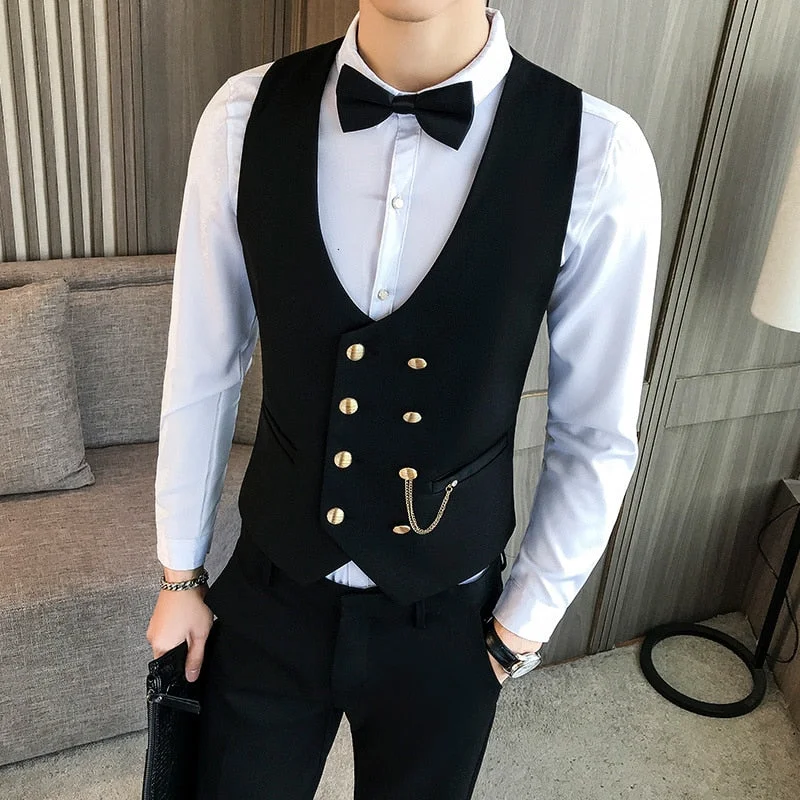 Mens Vest Double-breasted Waistcoat Male Prom Party Disco Waiter Clothes Casual Slim Fit Dress Vest For Men Tuxedo Gilet Homme