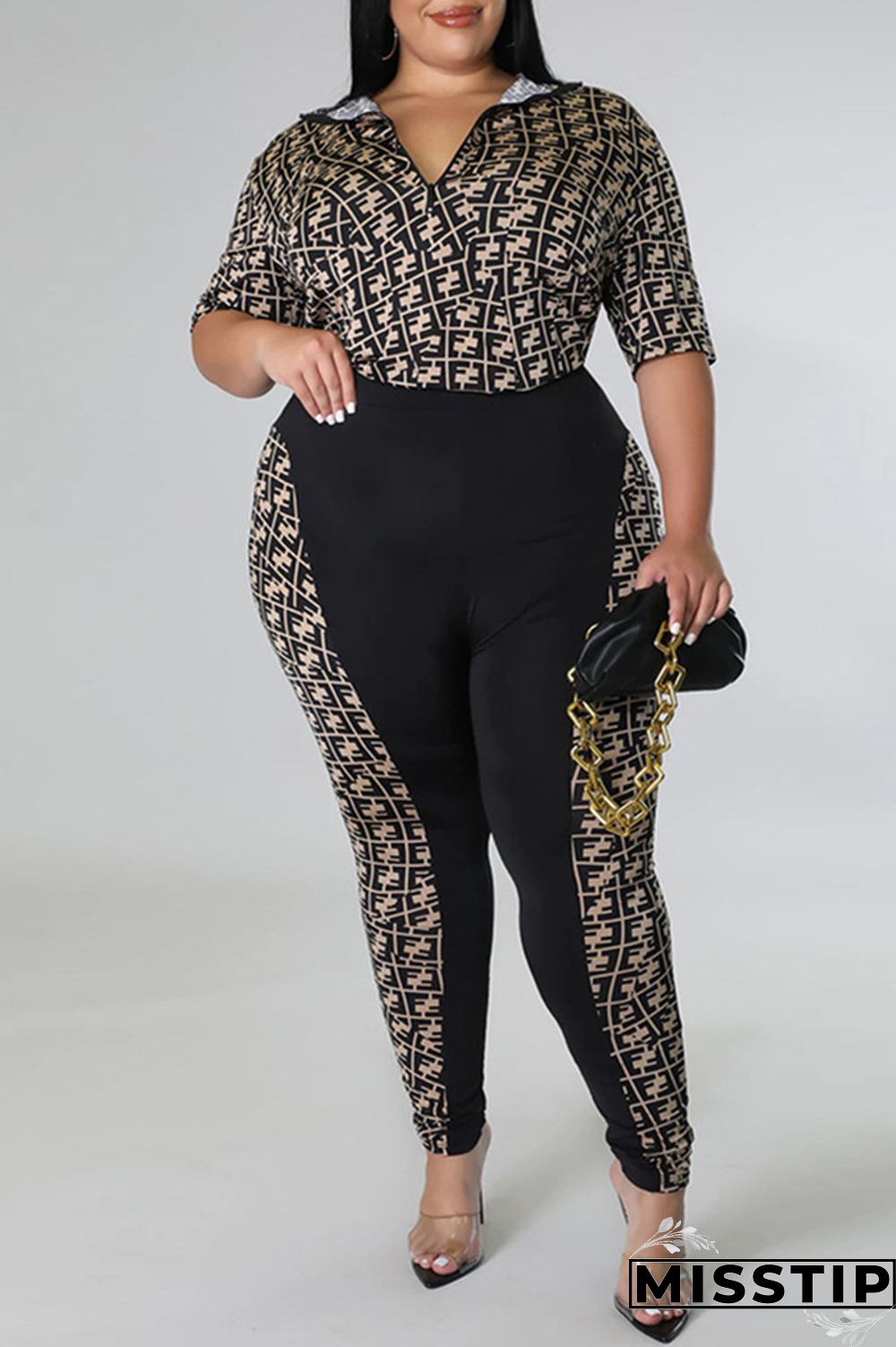 Black Fashion Casual Print Patchwork Zipper Collar Plus Size Two Pieces