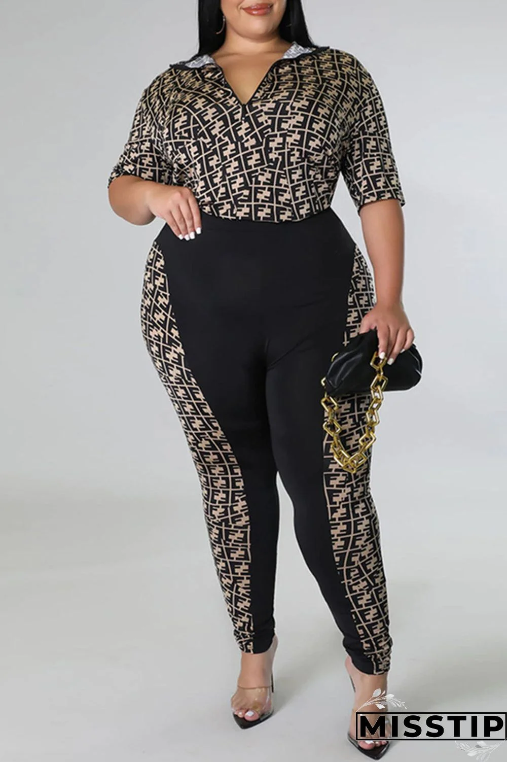 Black Fashion Casual Print Patchwork Zipper Collar Plus Size Two Pieces