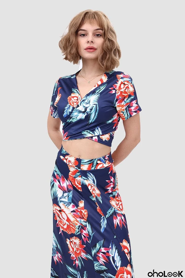 V Neck Floral Printed Side Slit Two-Piece Dress