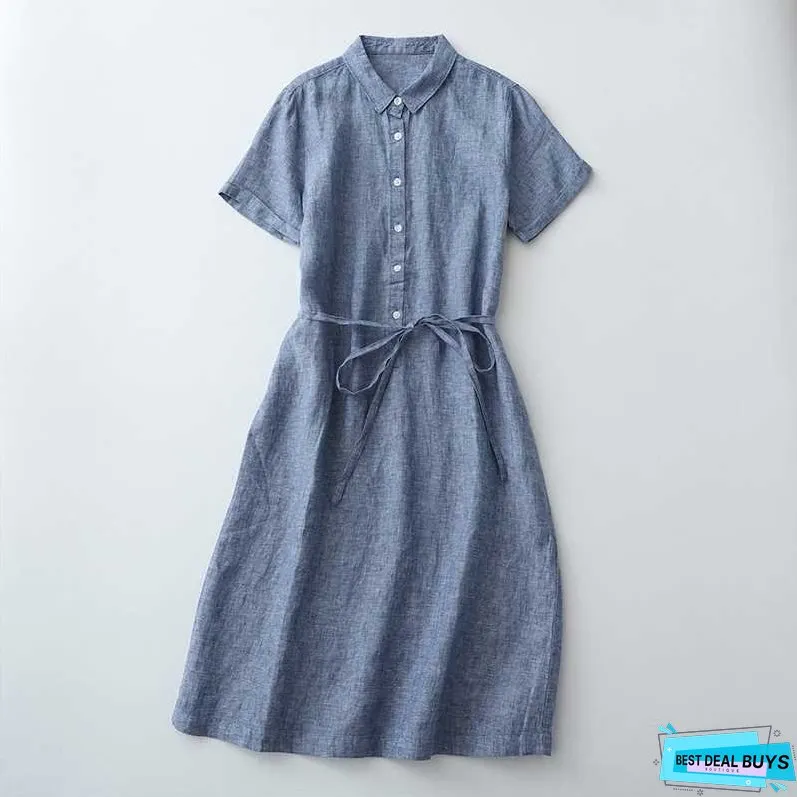Linen Front Half-open Buckle Waist Lace-up Short Sleeve Dress