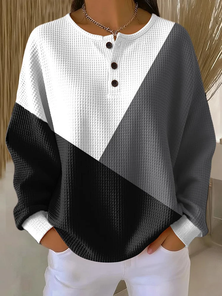 Women's Geometric Pattern Art Print Casual Cotton Waffle Sweatshirt