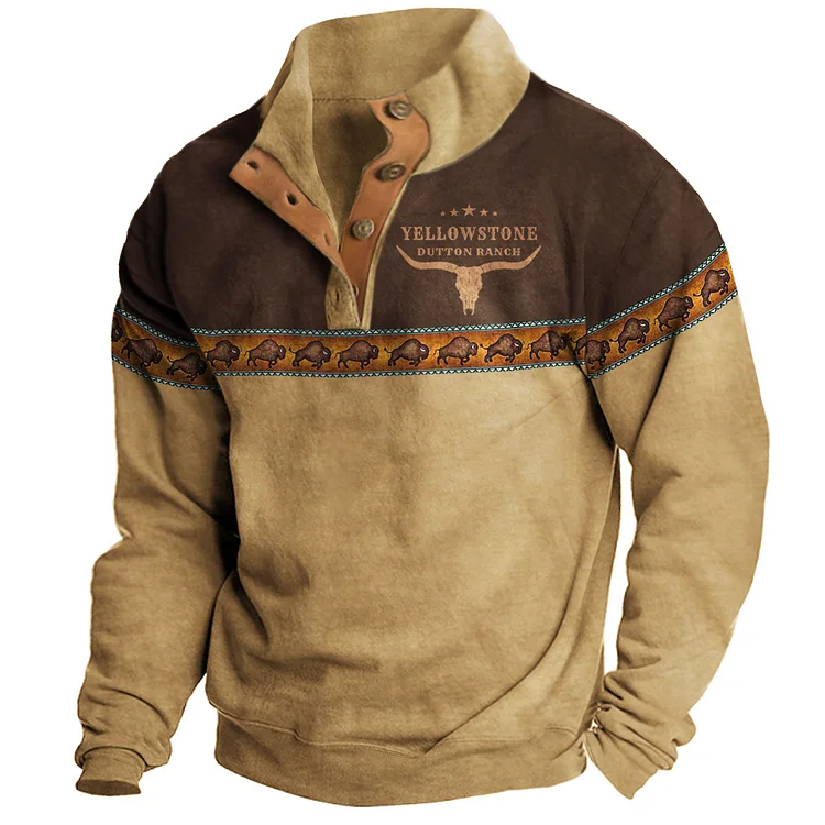 Men's Vintage Western Yellowstone Colorblock Stand Collar Sweatshirt