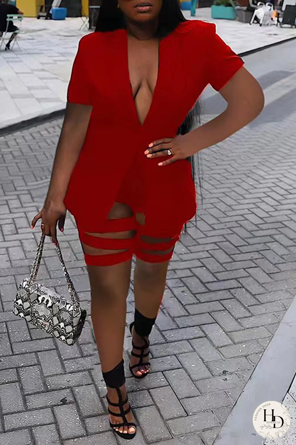 Red Sexy Solid Ripped Turndown Collar Short Sleeve Two Pieces